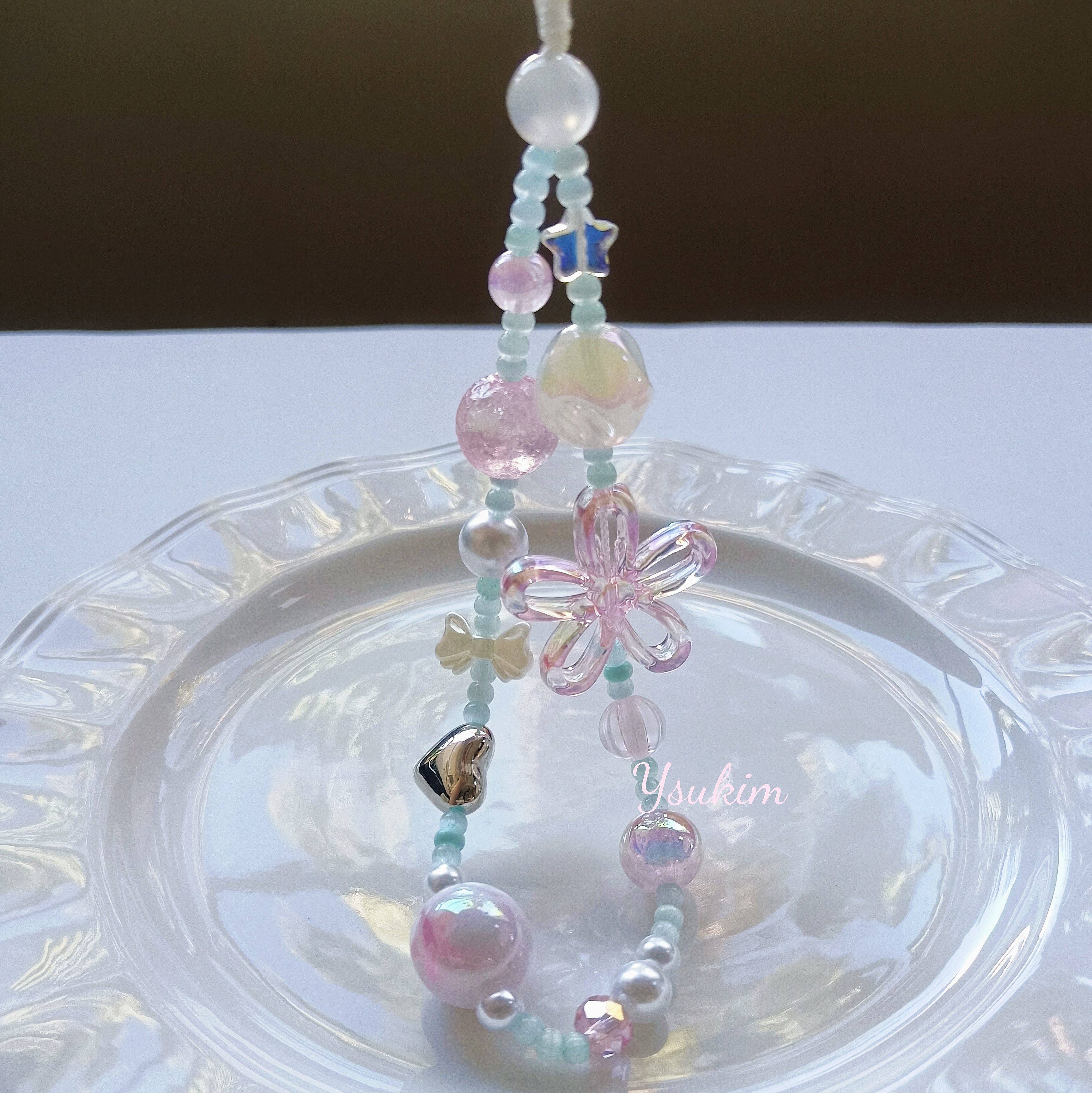 【月夏】韩国ins花朵薄荷粉蓝色清新串珠手机链手机壳ccd相机挂饰