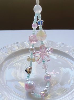 【月夏】韩国ins花朵薄荷粉蓝色清新串珠手机链手机壳ccd相机挂饰