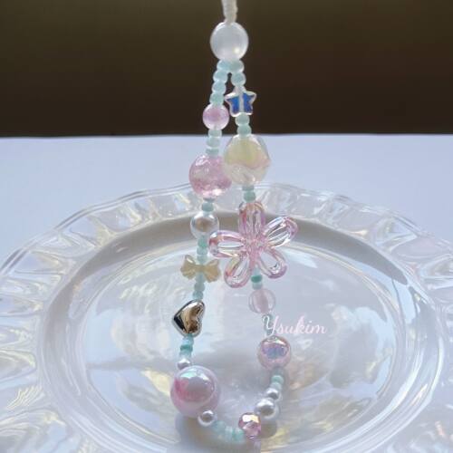 【月夏】韩国ins花朵薄荷粉蓝色清新串珠手机链手机壳ccd相机挂饰