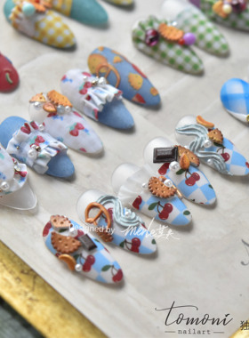 tomoni莫失MS合作美甲贴纸 清新黄色绿色拧蝴蝶裙摆格子 樱桃草莓