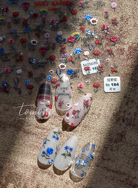 新工艺tomoni薄韧带背胶美甲贴纸 蓝色红色小花野花花朵指甲贴画