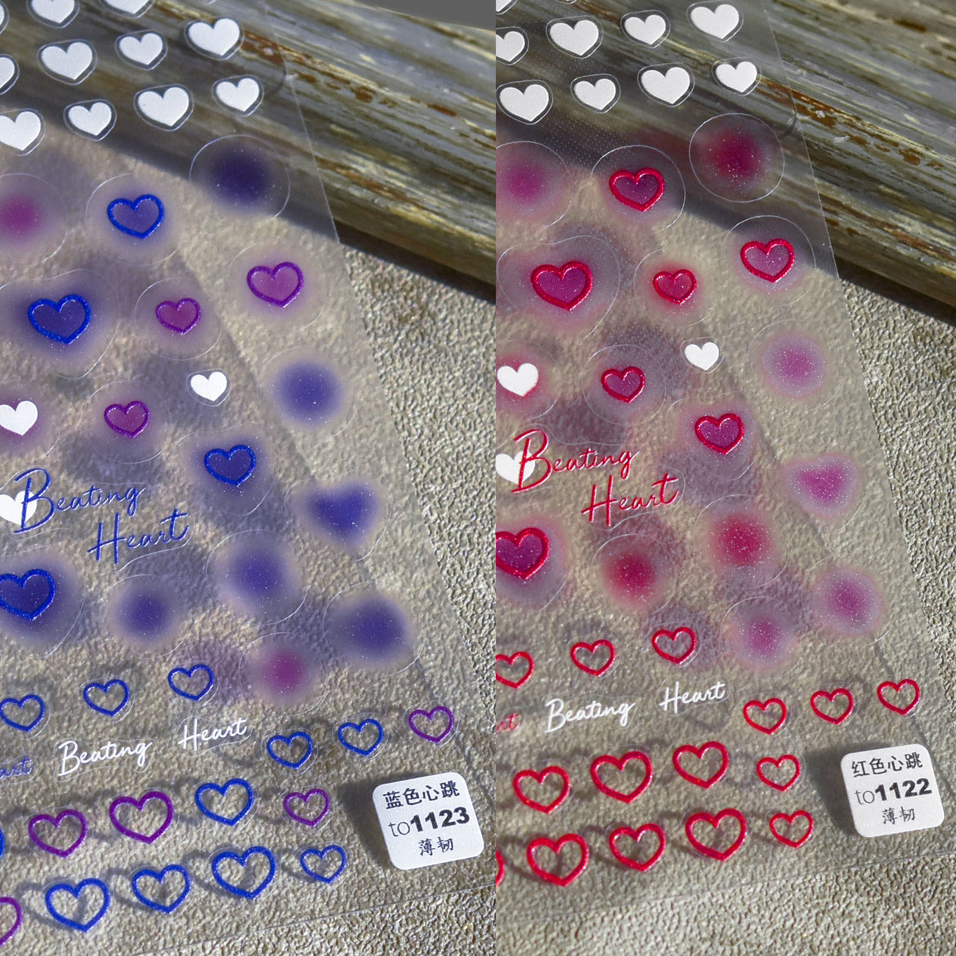 新工艺tomoni薄韧带背胶美甲贴纸 半透晕染爱心镂空桃心红色蓝色