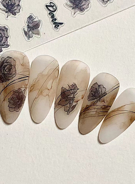 新工艺铁素范思德联名款带背胶美甲贴纸黑色水染玫瑰晕染花朵甲贴