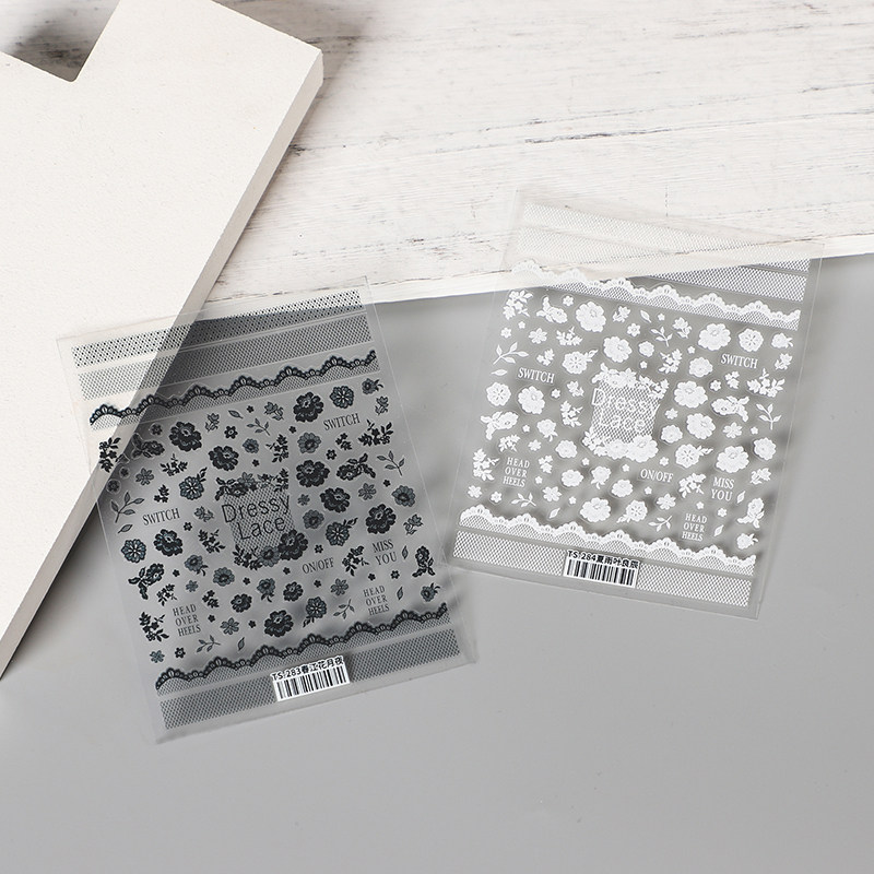 新工艺铁素TS薄韧带背胶美甲贴纸 黑色白色花朵蕾丝夏雨叶良辰