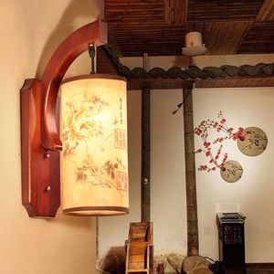 中式实木壁灯卧室客厅客房床头灯走廊过道玄关中国风木艺羊皮灯罩