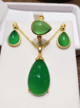 古法金绿色925银组合吊坠项链