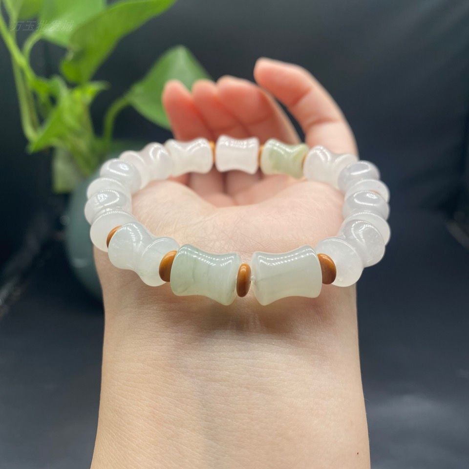 新款金丝玉天山翠手链女冰种飘花翡翠色竹节单圈圆珠老形桶珠手串