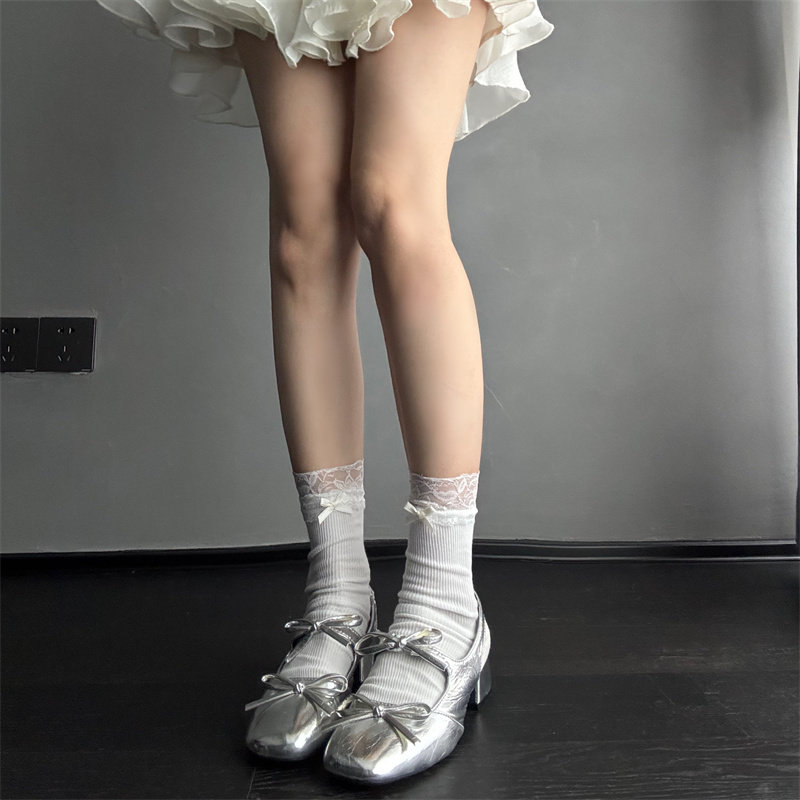 吾等是猫 甜美蕾丝花边中筒袜春夏薄款芭蕾风日系jk蝴蝶结小腿袜