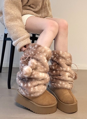 吾等是猫 圣诞小鹿纹袜套毛茸仿皮草y2k辣妹千禧风堆堆袜护腿套