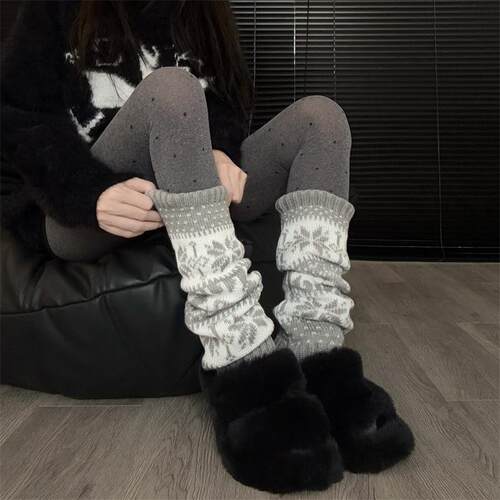 费尔岛复古针织欧美雪花保暖袜套