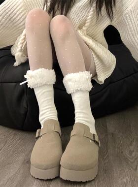 可爱羊羔毛蝴蝶结中筒袜秋冬美拉德保暖堆堆袜甜美lolita小腿袜