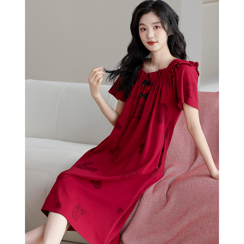 春夏红色睡裙女士短袖纯棉本命年甜美可爱夏季睡衣裙本命年薄款