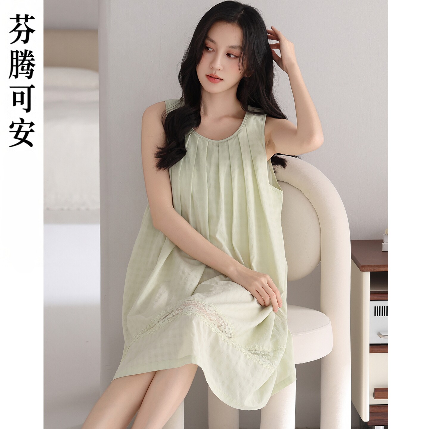 芬腾可安梭织棉睡裙女夏季无袖背心可外穿高级感绿色睡衣裙薄款