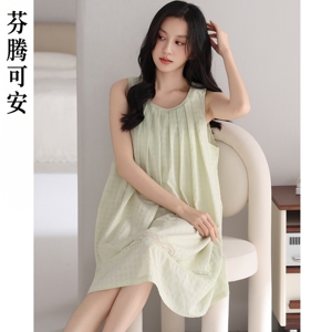 芬腾可安梭织棉睡裙女夏季无袖背心可外穿高级感绿色睡衣裙薄款