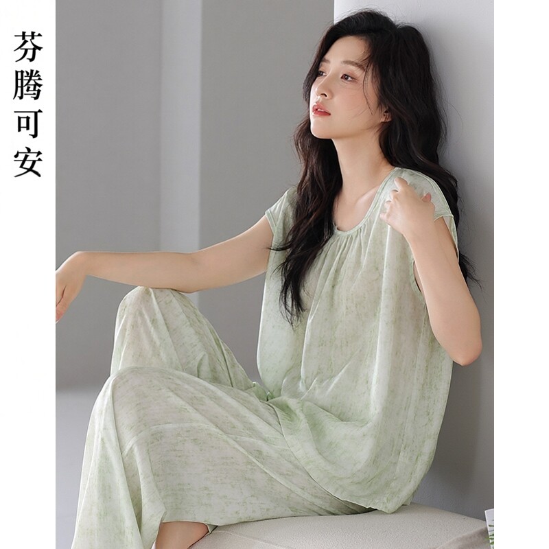 芬腾可安冰丝睡衣女士夏季短袖长裤套头高级感绿色凉感薄款家居服