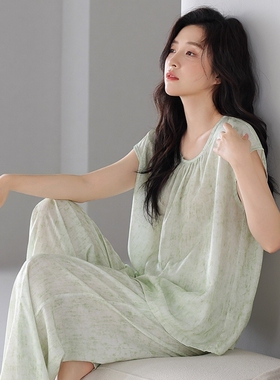 芬腾可安冰丝睡衣女士夏季短袖长裤套头高级感绿色凉感薄款家居服