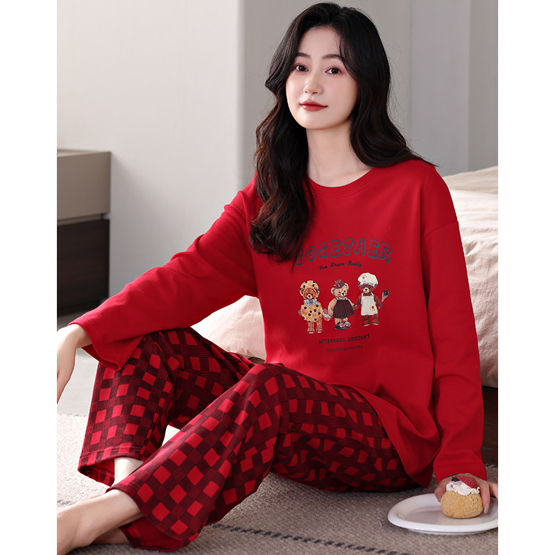 红色睡衣女士长袖纯棉大码2024年新款套头卡通春秋季家居服本命年,女士内衣/男士内衣/家居服,睡衣/家居服套装,淘宝优惠券,粉丝福利购,淘宝优惠卷