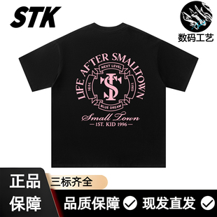 STK短袖圆形排版印花t恤美式复古宽松圆领男女街头潮流TEE