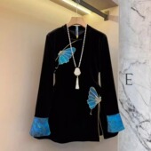 饰气质轻奢大码 2026高级感新中式 蝴蝶装 胖MM显瘦丝绒国风开叉上衣