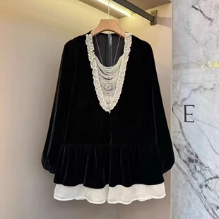 欧货25重工设计感宽松荷叶边拼接中长款上衣法式丝绒复古遮肚内搭