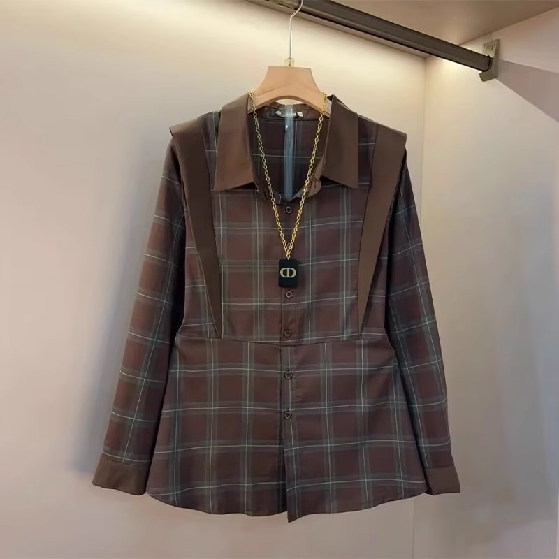 大码韩系通勤高级感格子显瘦长袖衬衫女胖mm百搭气质上衣休闲内搭