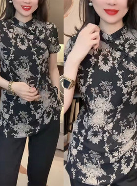网红同款中国风复古印花立领盘扣短袖T恤斜纽扣显瘦大码衬衫上衣