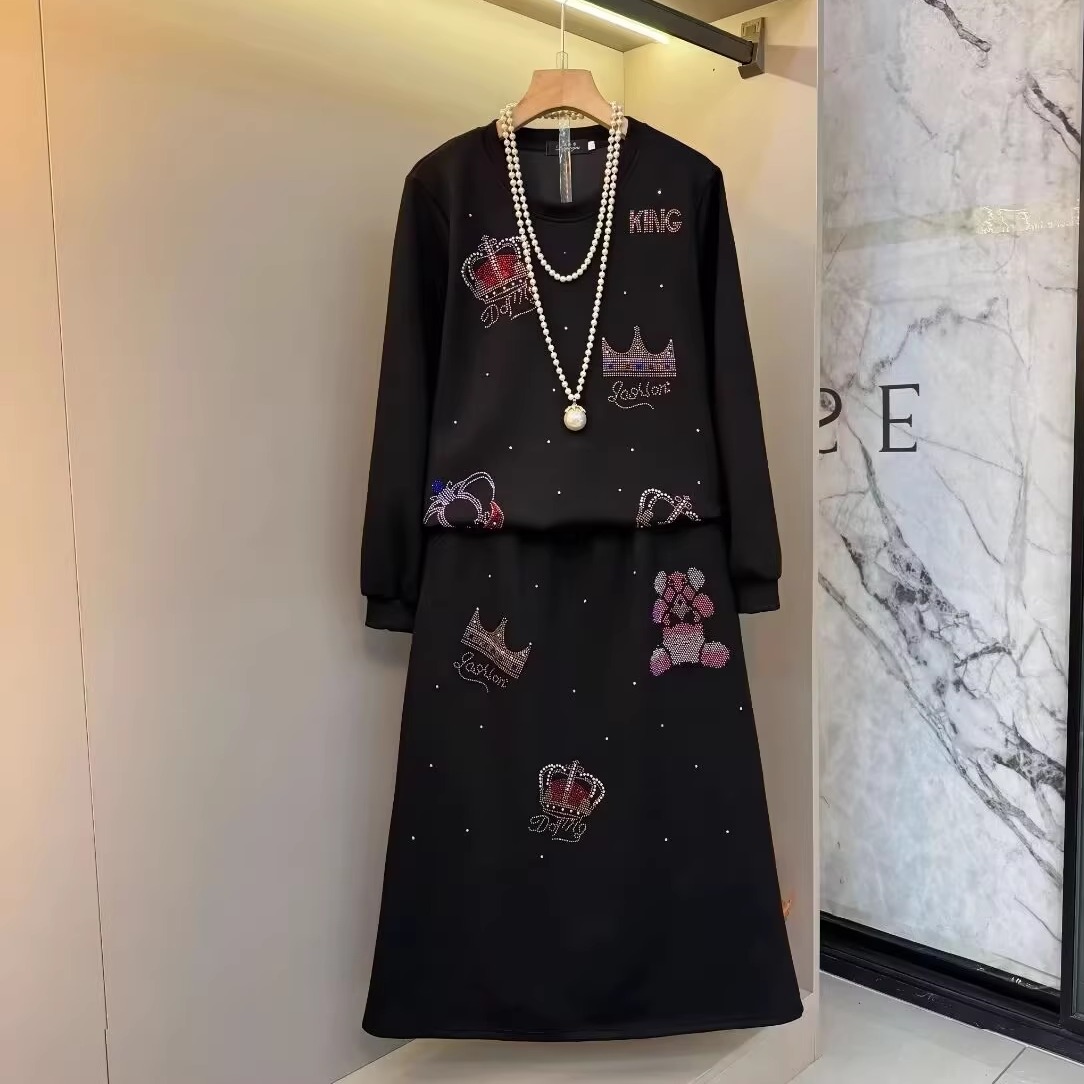 大码欧货重工烫钻轻奢显瘦两件套