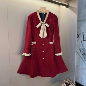 大码胖mm冬季新款韩系小香风气质领结装饰显瘦连衣裙名媛轻奢裙子