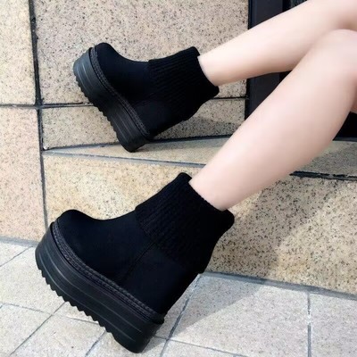 坡跟超高跟短靴15CM夜店性感防水台厚底弹力中筒靴内增高加绒女鞋