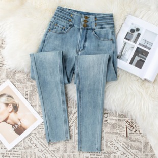 加绒蜜桃臀高腰铅笔牛仔裤女秋冬新款百搭显瘦弹力提臀小脚裤女潮