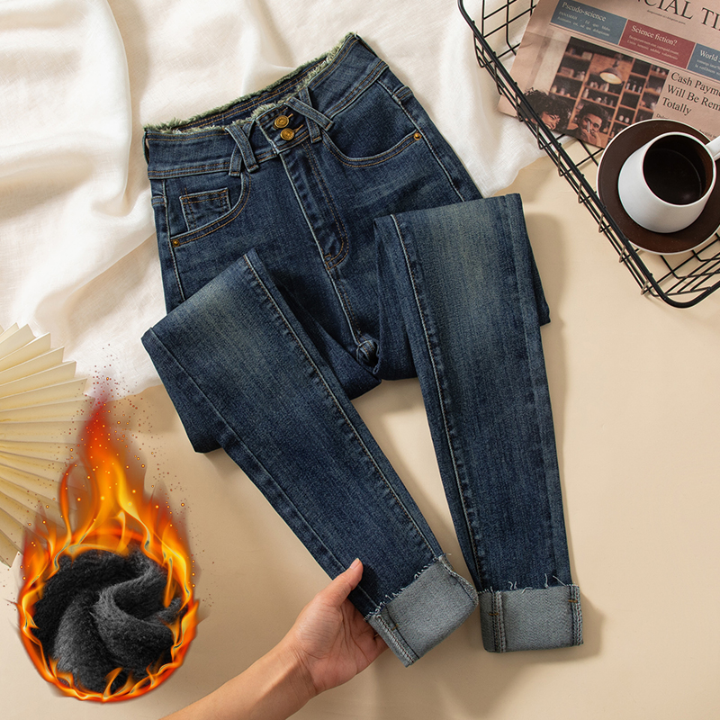 翻盖设计辣妹秋冬款高腰紧身小脚牛仔裤女提臀百搭铅笔牛仔裤加绒