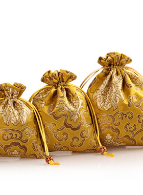 金黄色富贵花首饰袋包装袋收纳礼品袋束口抽绳小布袋空袋子定做