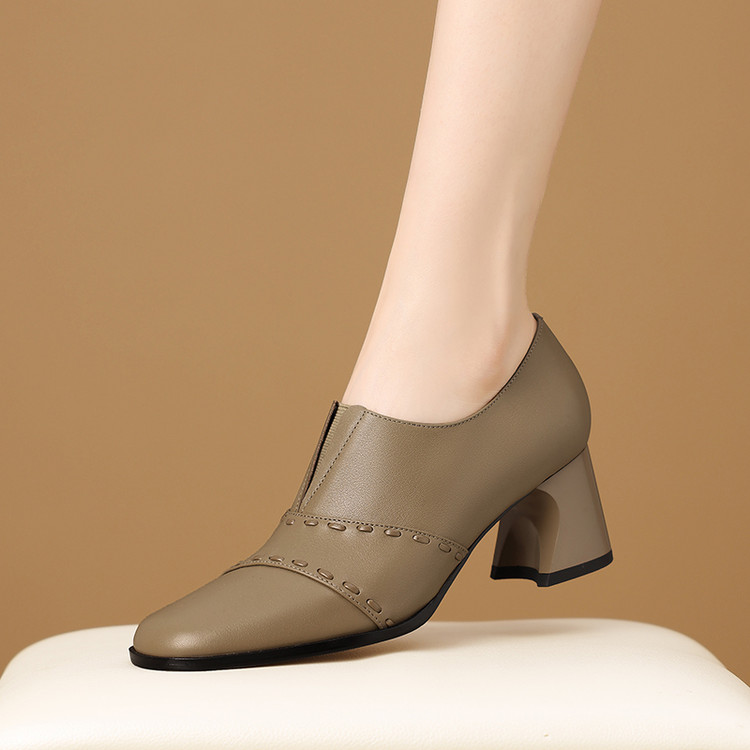 深口单鞋低跟小皮鞋头层牛皮时尚百搭一脚蹬方头粗跟舒适女鞋
