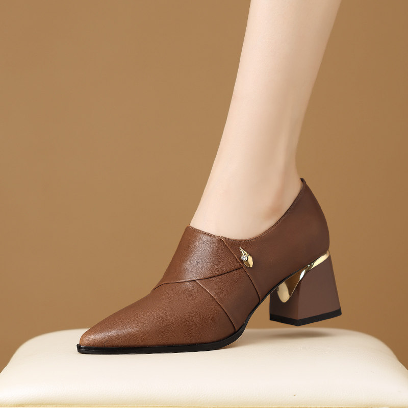 深口单鞋舒适中跟粗跟女尖头高跟头层牛皮真皮2025春季新款
