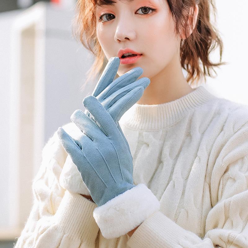 手套女士秋冬季韩版可爱学生冬天保暖骑车开车麂皮绒触屏全指手套