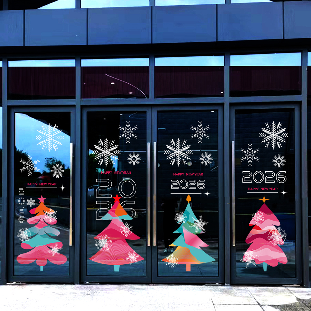 抽象彩色卡通圣诞树玻璃门贴纸