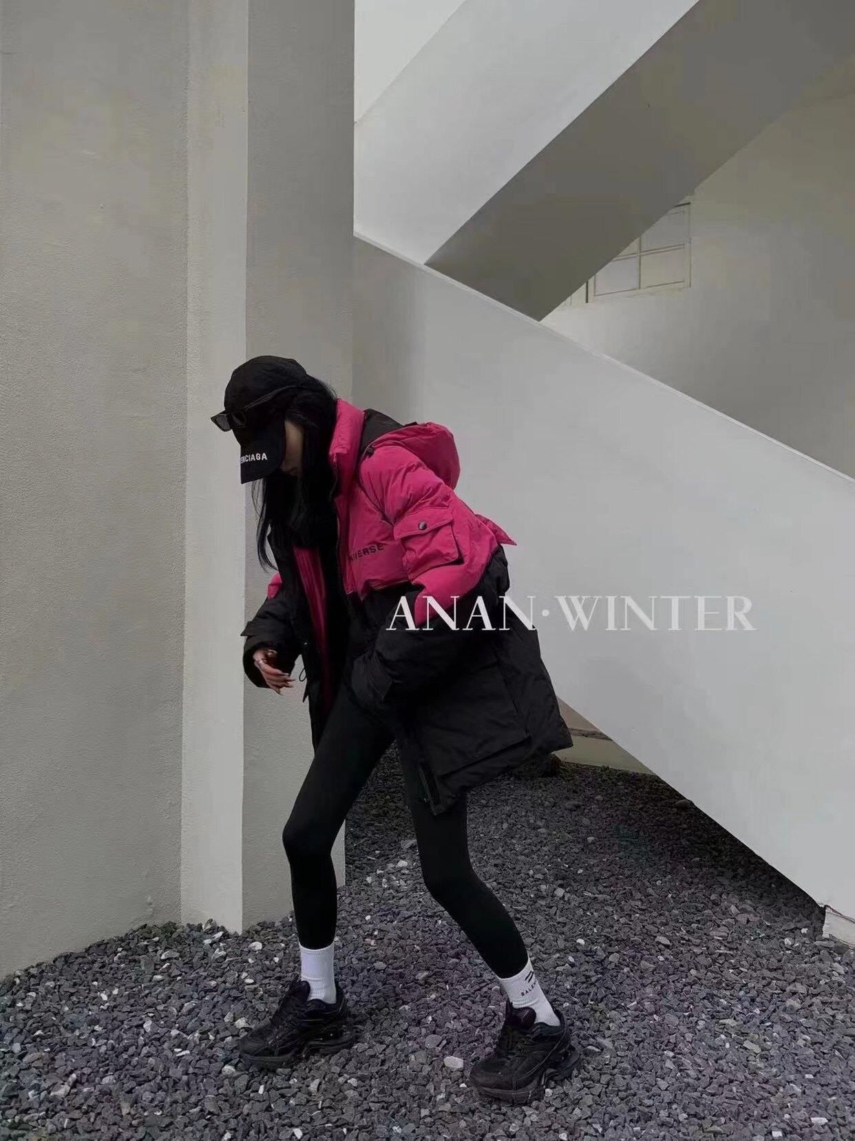 anan韩国中长款连帽羽绒服外套女冬季新时尚撞色抽绳收腰开衫潮