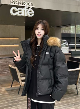 FDR加厚保暖情侣面包服男外套可拆卸毛领黑色羽绒服情侣女款冬季