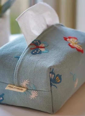 Handmade原创刺绣蝴蝶布艺纸巾套车载抽纸盒桌面餐厅客厅家用商用