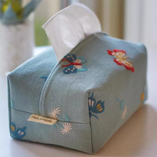 原创刺绣蝴蝶布艺纸巾套车载家用