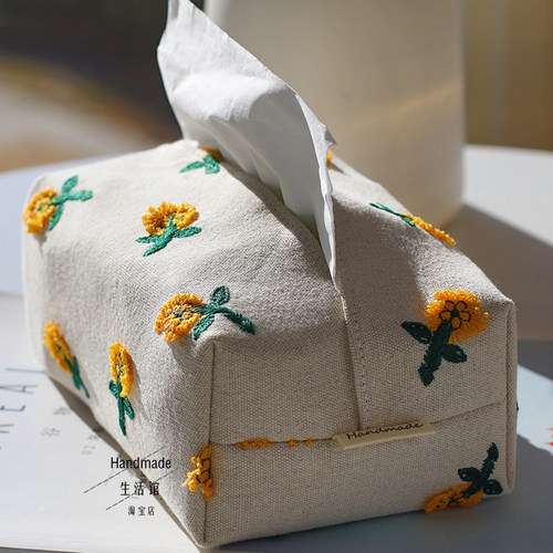 Handmade原创刺绣花朵布艺纸巾套车载抽纸盒桌面餐厅客厅家用民宿
