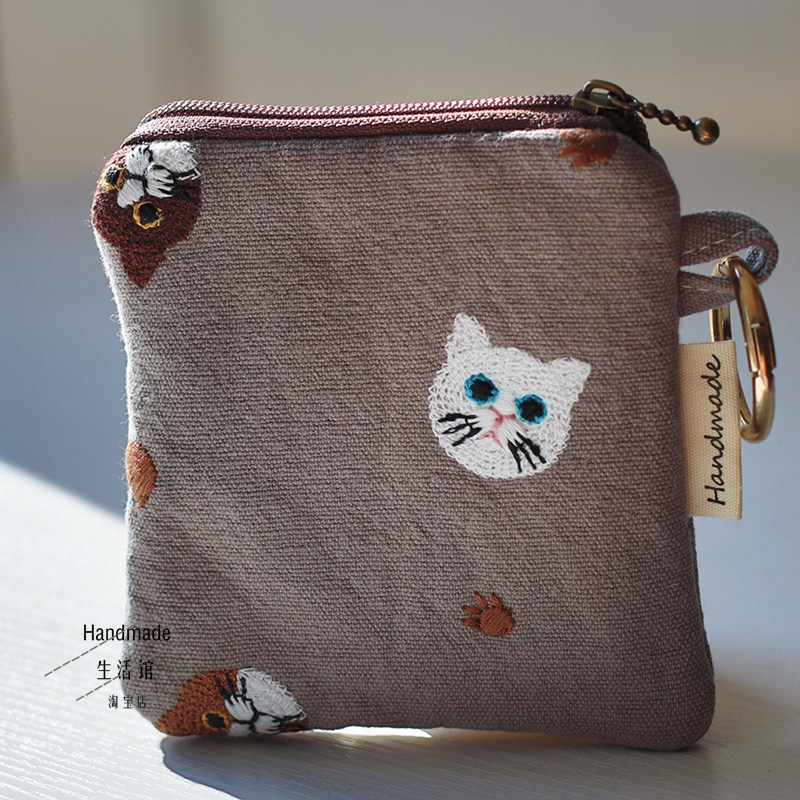 原创手作布艺猫咪刺绣钥匙包无线耳机包零钱包迷你收纳口红小布包,箱包皮具/热销女包/男包,钥匙包,淘宝优惠券,粉丝福利购,淘宝优惠卷