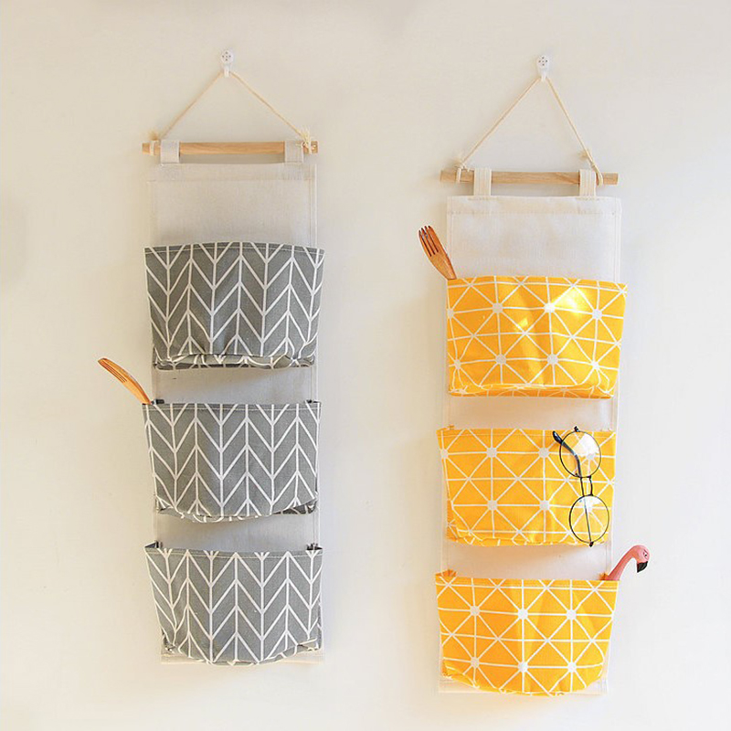 三口棉麻多层布艺门后杂物挂袋