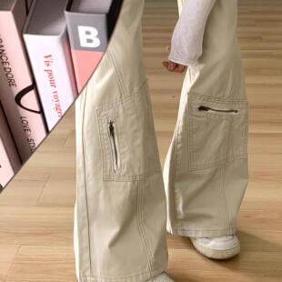 高腰显瘦垂感拖地阔腿裤 美式 女秋冬新款 裤 复古高街多口袋休闲工装