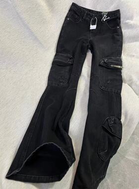 春秋新款高阶重磅街头休闲工装裤子复古水洗做旧微喇叭牛仔裤女潮