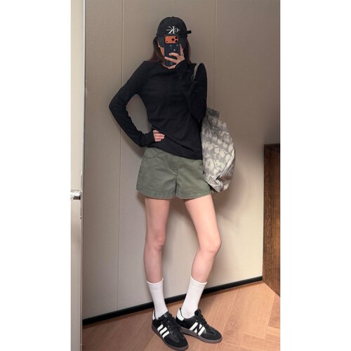 复古军绿阔腿工装牛仔短裤女2026夏季新款高腰宽松A字休闲热裤子