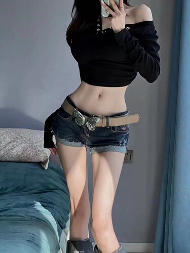 卷边牛仔裤低腰牛仔裤牛仔短裤子