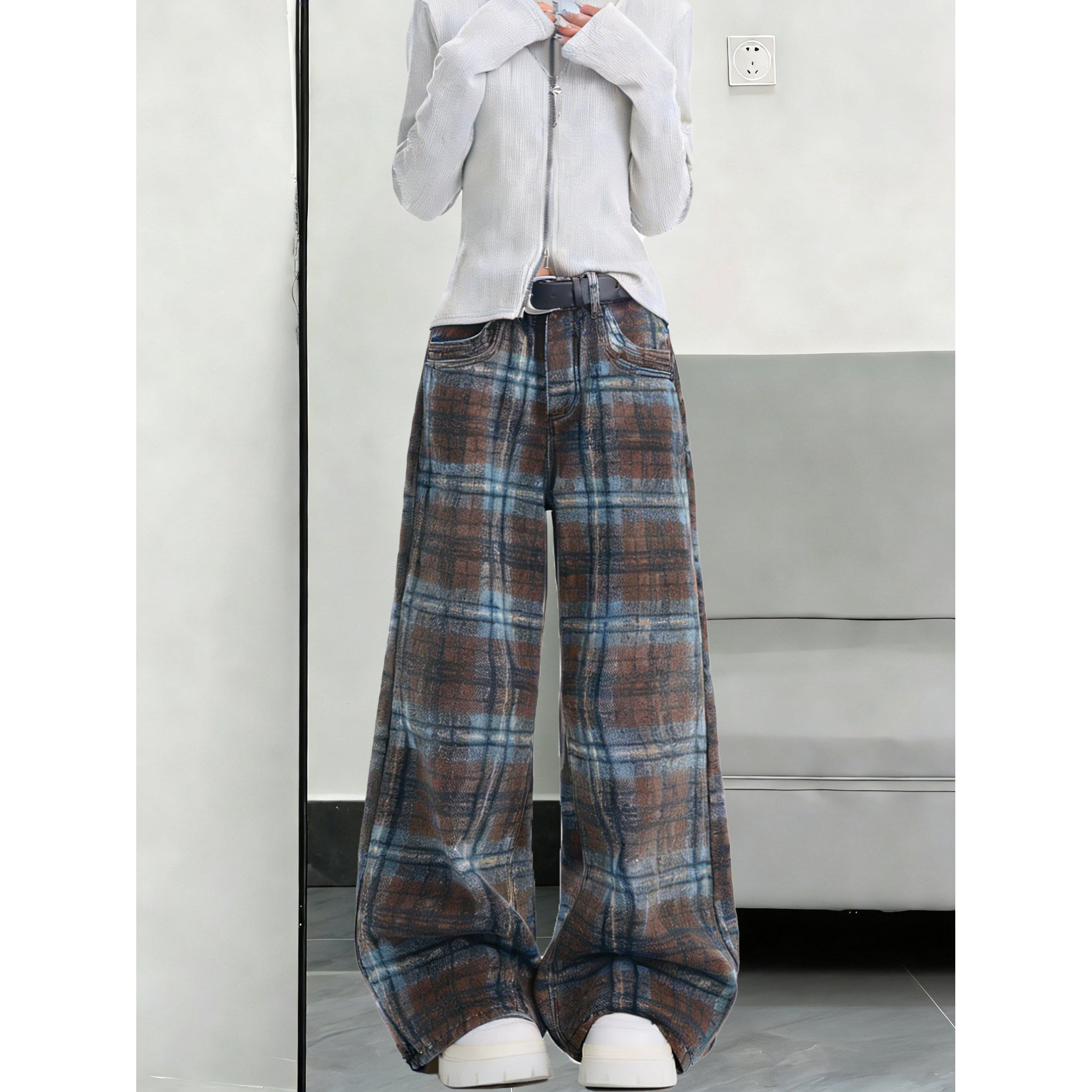 美式复古格子阔腿牛仔裤子女2026春季新款高腰宽松显瘦休闲拖地裤,女装/女士精品,牛仔裤,淘宝优惠券,粉丝福利购,淘宝优惠卷