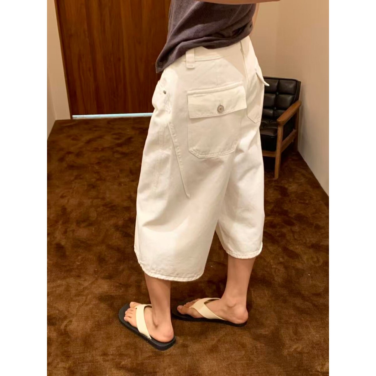 韩式简约休闲白色七分阔腿牛仔裤女高腰新款宽松显瘦直筒五分中裤