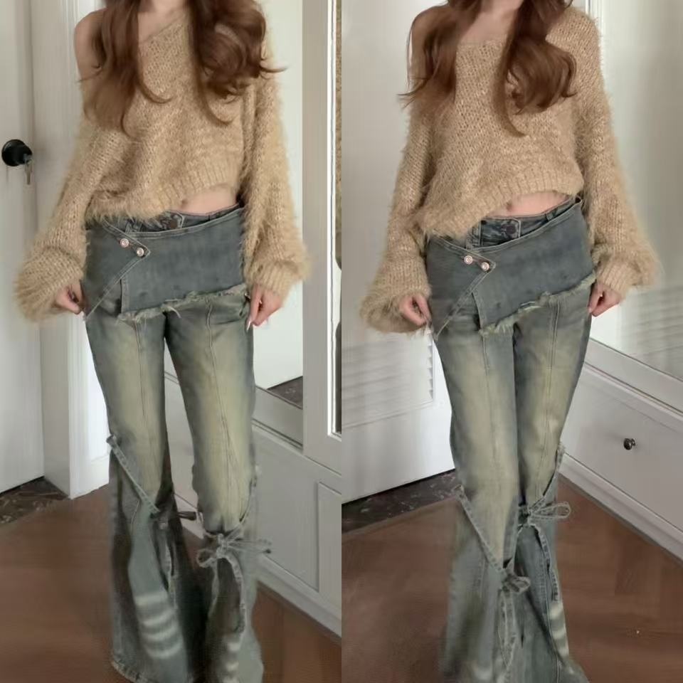 2025超火微喇牛仔裤女秋冬季复古假两件屁帘系带辣妹修身休闲裤子